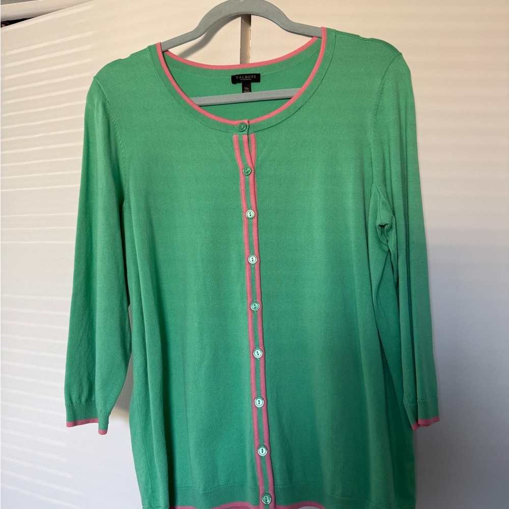 Talbots Mint Green Cardigan with Pink Accents plus petite Sz 1XP
